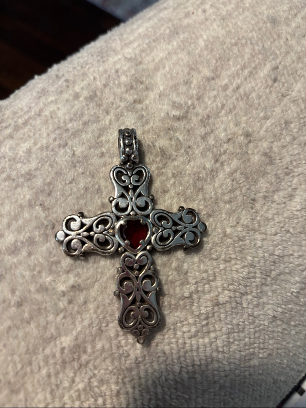 Brighton (older) Silver Filigree Cross Pendant with Red Heart Stone